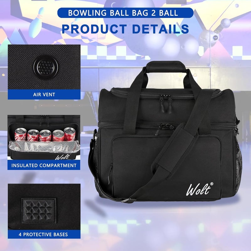 WOLT 2 Ball Bowling Bag with Padded Holder - Fits Shoes Up to Mens Size 16, Bowling Accessories - Image 3